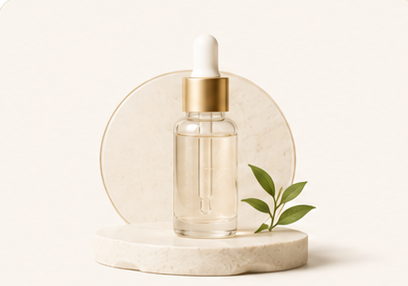 Skincare serum bottle with a botanical leaf
